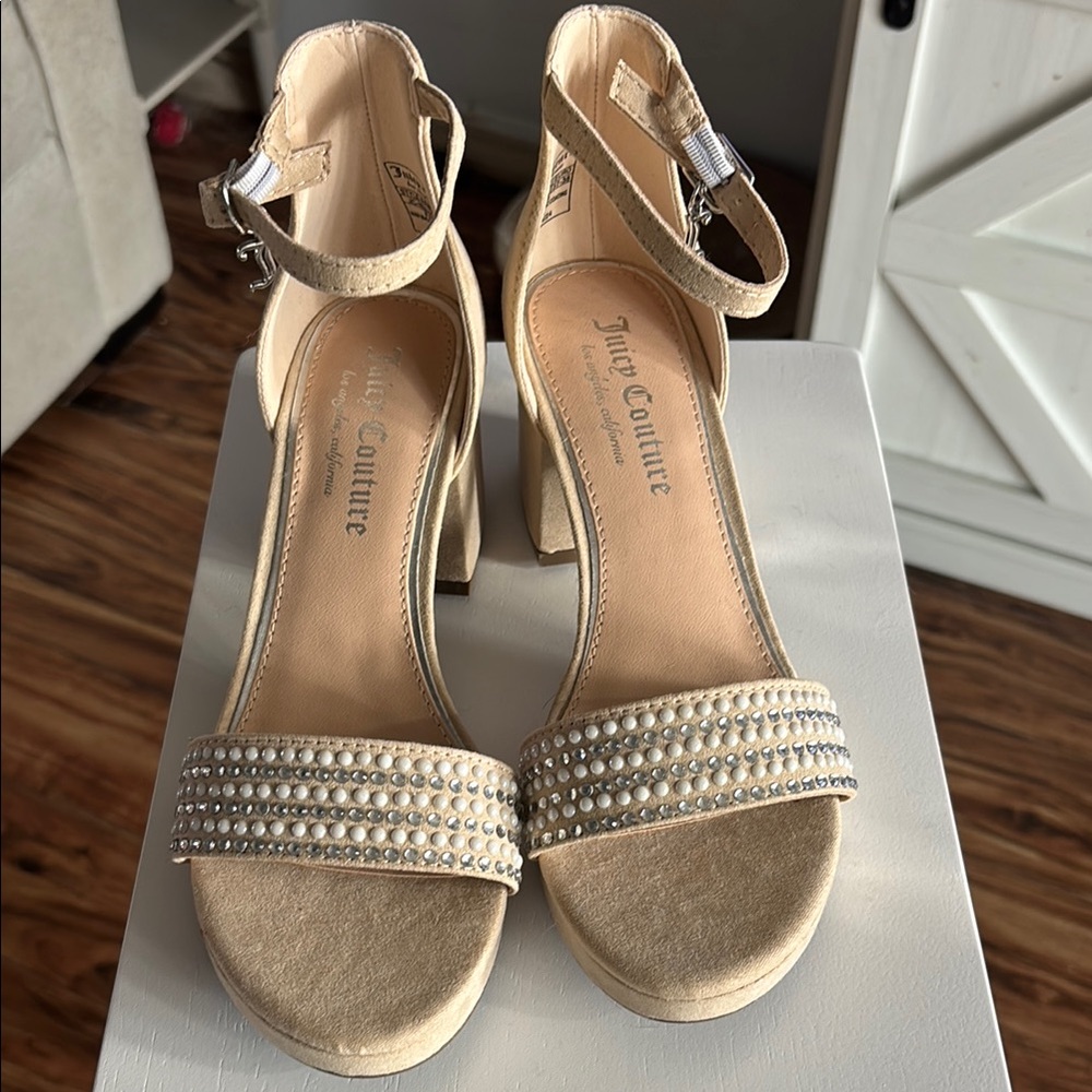 Juicy Couture Cream Heels with Rhinestone Embellishments